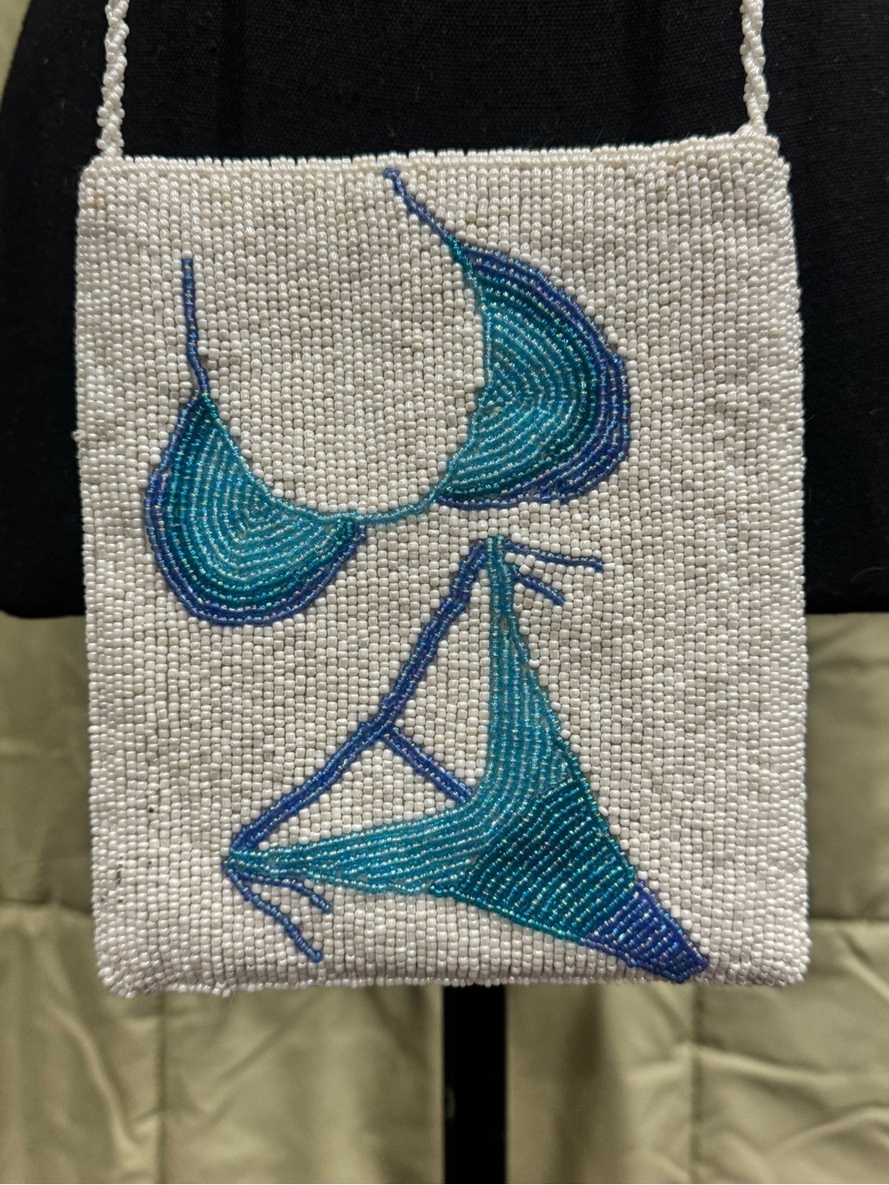 Beaded White Crossbody Bag with Blue Bikini Motif